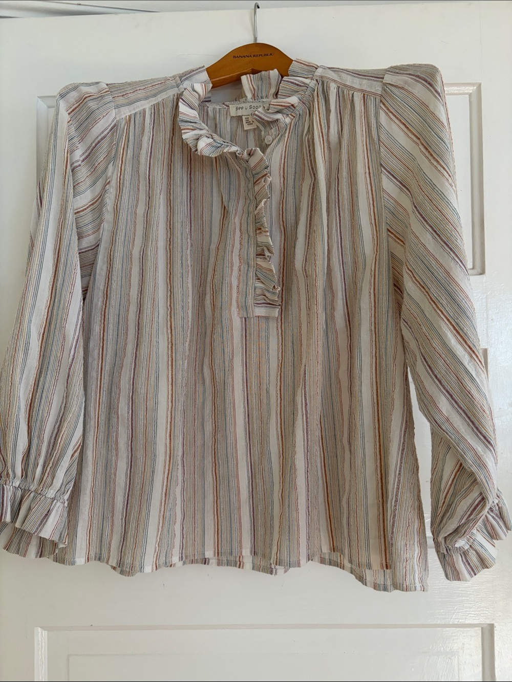 Striped Ruffle-Neck Blouse - Multi Stripe Cream